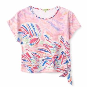 Trisha Tyler Size L Abstract Print Tie Hem Top Multicolor Short Sleeve Festival